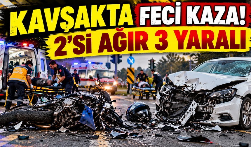 Kavşakta Feci Kaza! Motosiklet ile Otomobil Çarpıştı: 2’si Ağır 3 Yaralı
