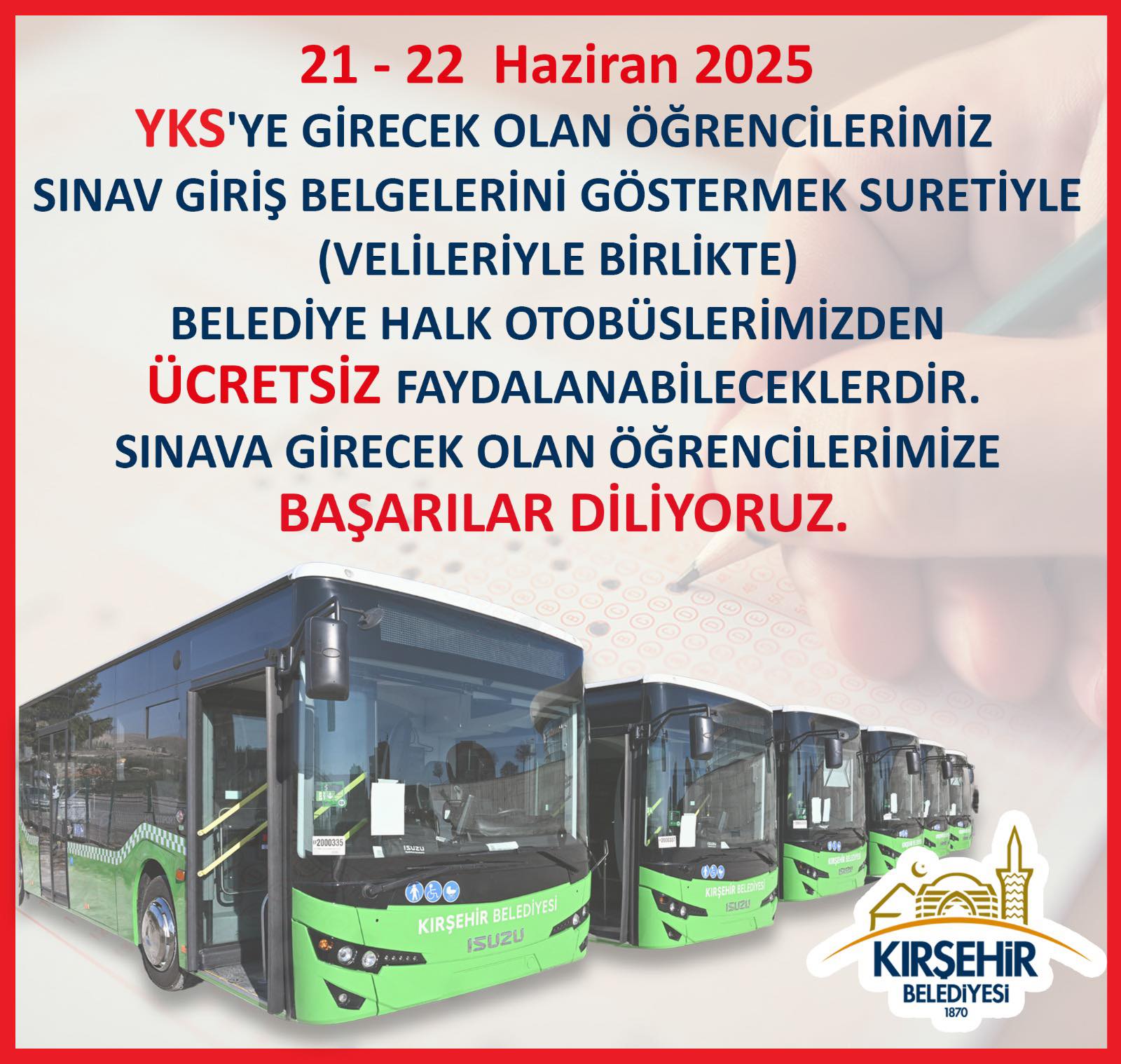 Yks Adaylarına Ulaşım Desteğikırşehir’de Otobüsler Ücretsiz