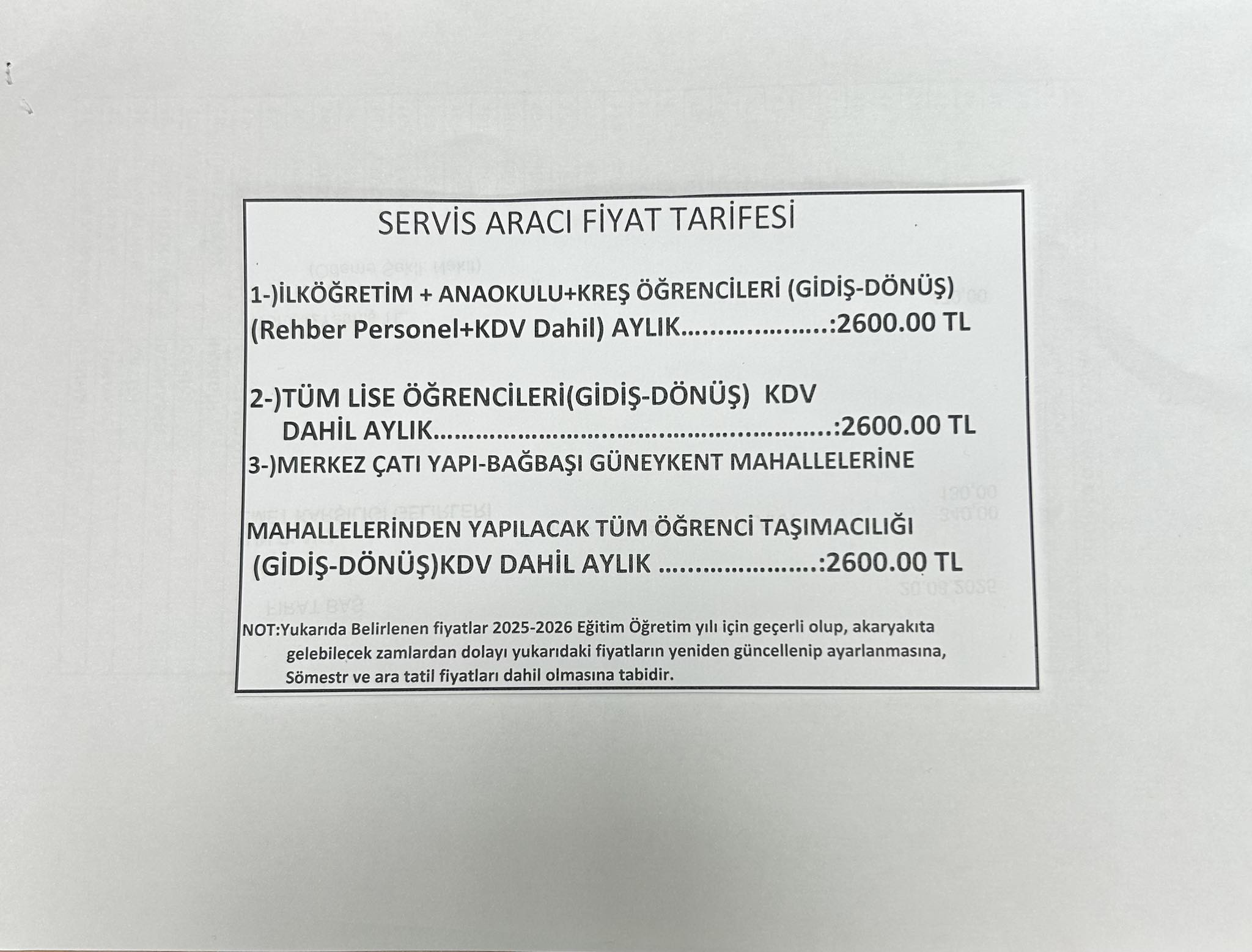 Kırşehir’de Servis Aracı Tarifesi Açıklandı