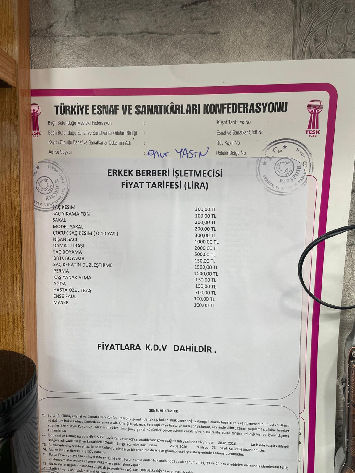 Kırşehir’de Berber Ücretlerine Yeni Düzenleme