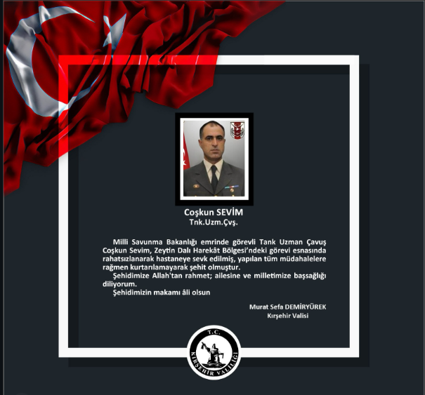 Vali Demiryürek’ten Şehit Coşkun Sevim İçin Başsağlığı Mesajı